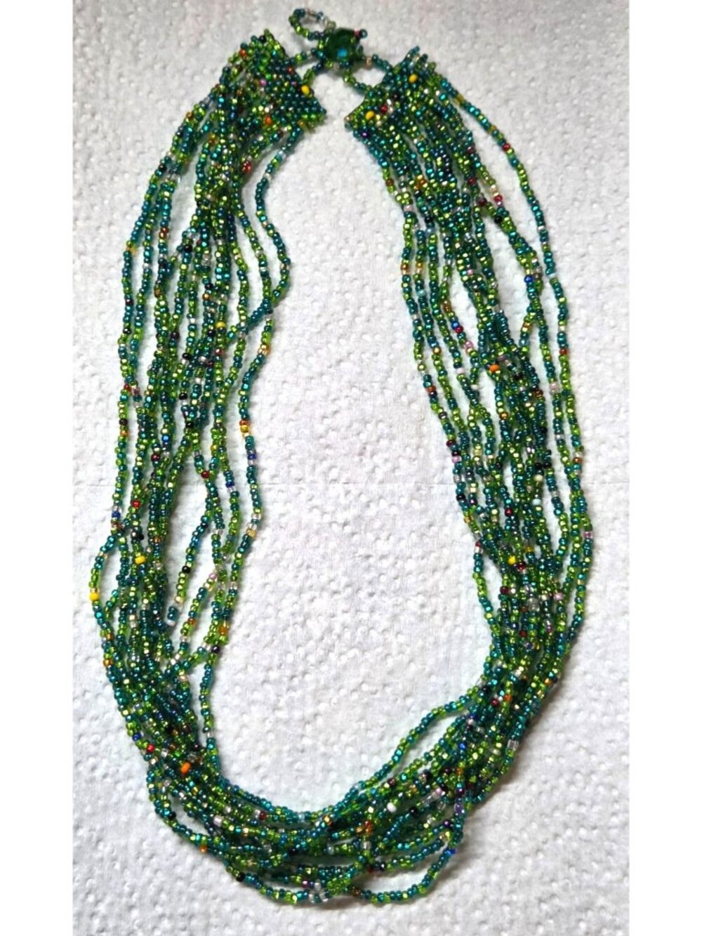 Multicolor Green, Blue, Orange Glass Seed Beaded Multi Strand  Necklace